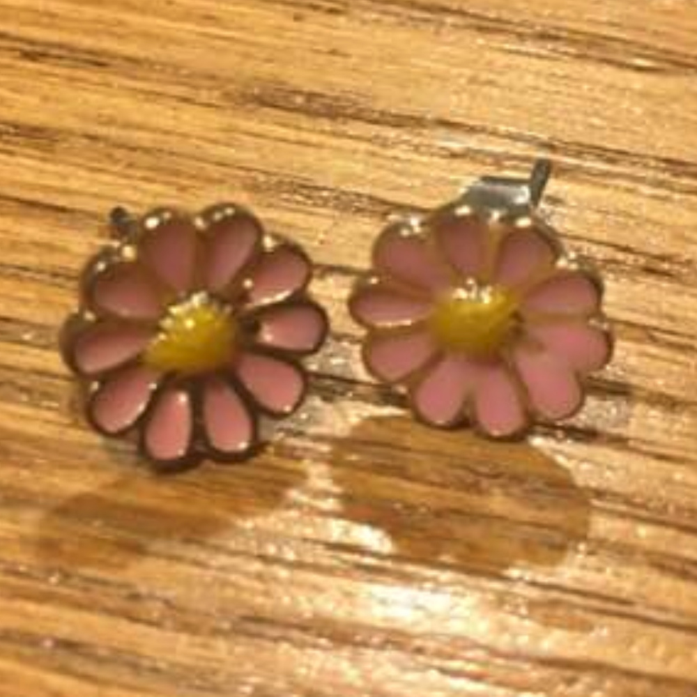 Pink & Yellow Enamel Daisy Pierced Earrings - New